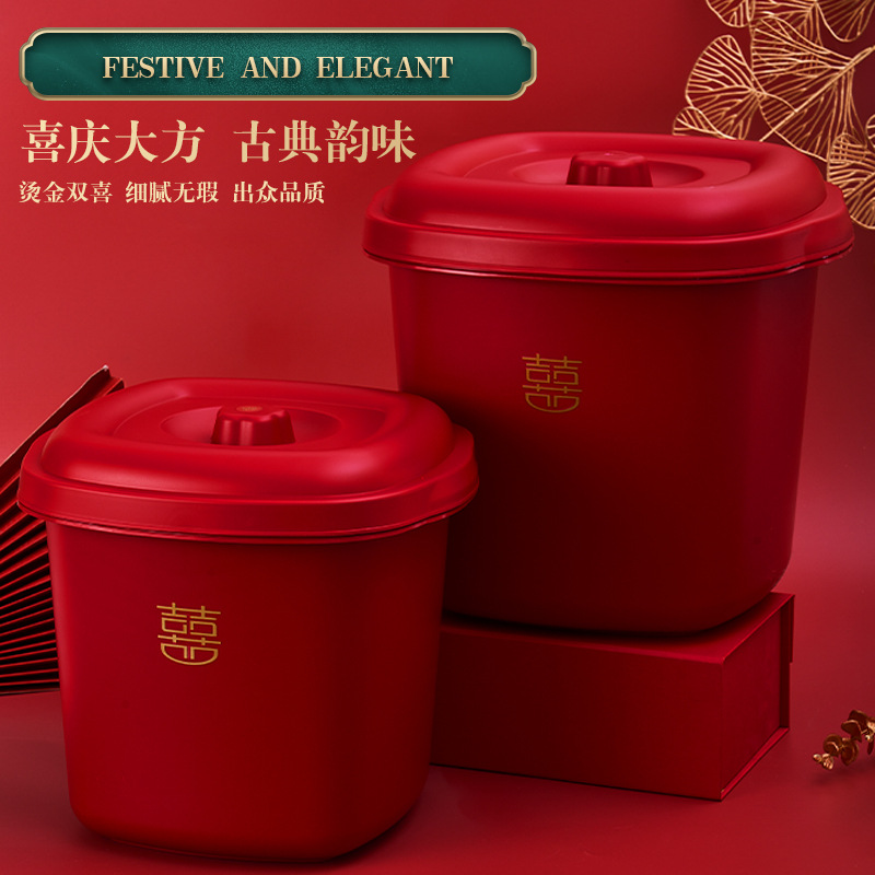 Chinese-style wedding dowry supplies for the bride, red rice storage bucket with happy characters, dowry bucket for children and grandchildren, household rice jar and rice box wholesale