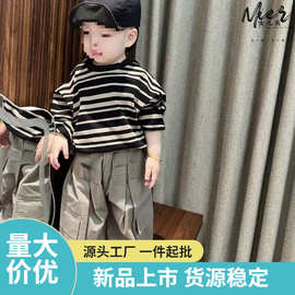 男童春秋条纹长袖T恤儿童秋款上衣工装裤套装童装打底衫童装Z058