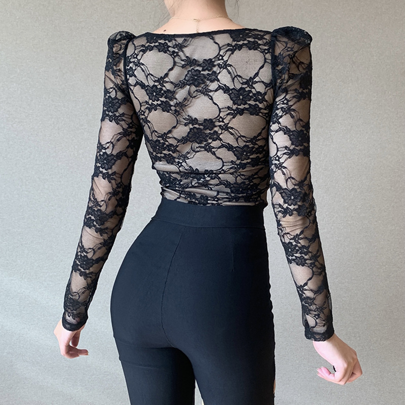 lace long-sleeved spring fashion sexy black V-neck shirt NSYLF65067