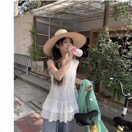 纯欲少女蕾丝蛋糕下摆无袖背心裙叠穿吊带上衣女