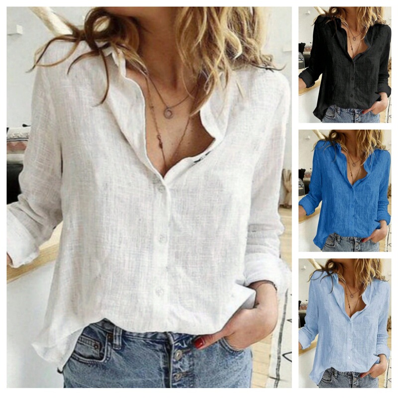 Cross-Border 2026 New Spring and Autumn European and American Style Solid Color Linen Long-Sleeve Shirt for Women, V-Neck Casual Loose Button-Up Top