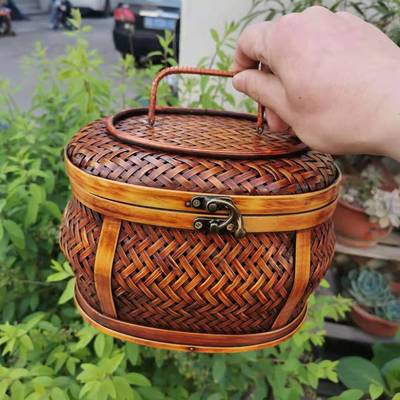 手工竹编普洱收纳盒篮子 日式禅意茶桌筐编织竹手提篮竹制工艺品