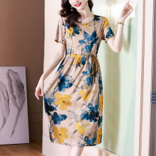 好质量大码收腰减龄阔太太中年妈妈夏装真丝连衣裙洋气过膝中长裙