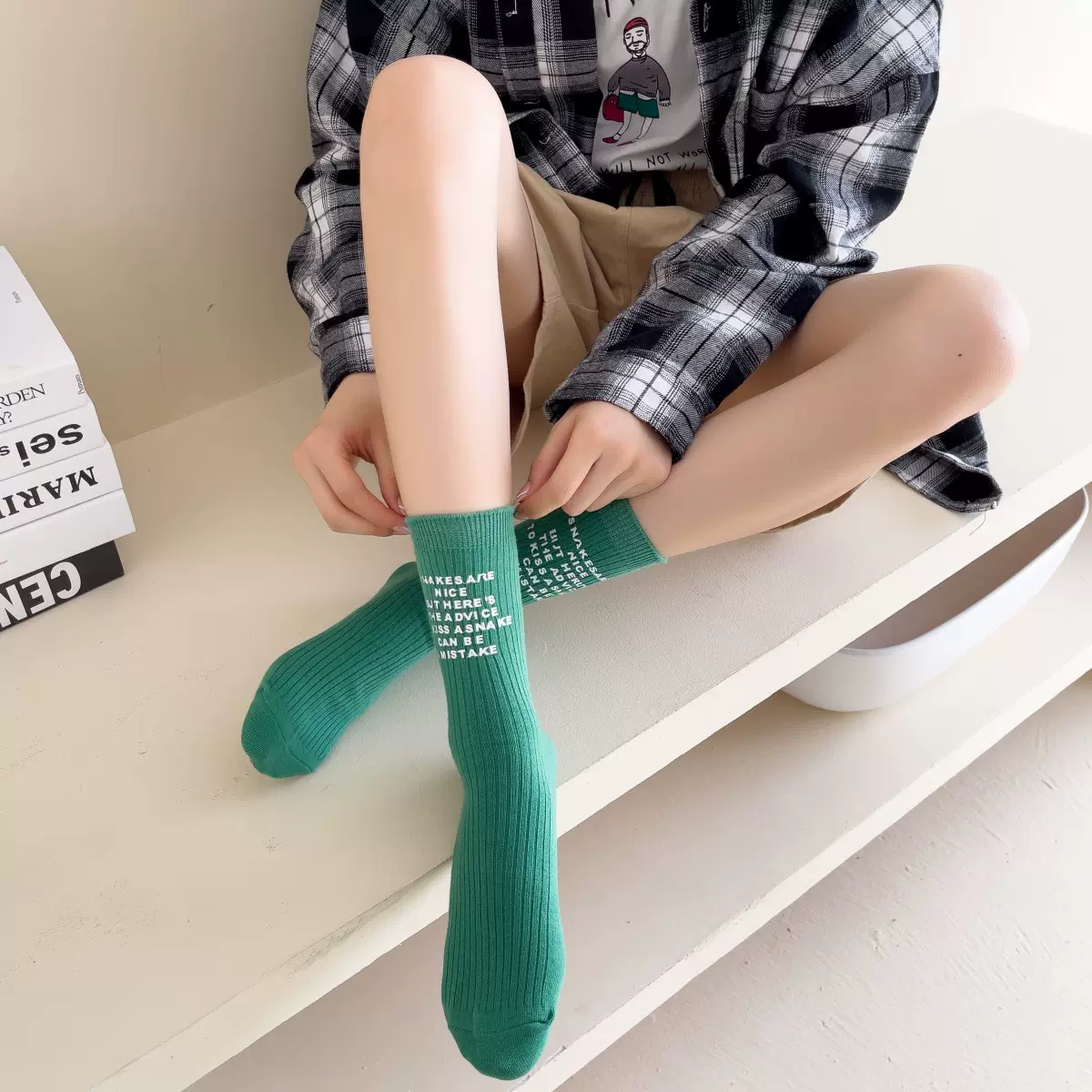 袜子女秋冬季长筒堆堆袜纯棉百搭运动字母印字潮女士中筒袜堆堆袜