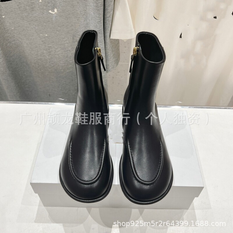 高端小众2025秋冬真皮圆头复古简约平底侧拉链显瘦短靴单靴裸靴女|undefined