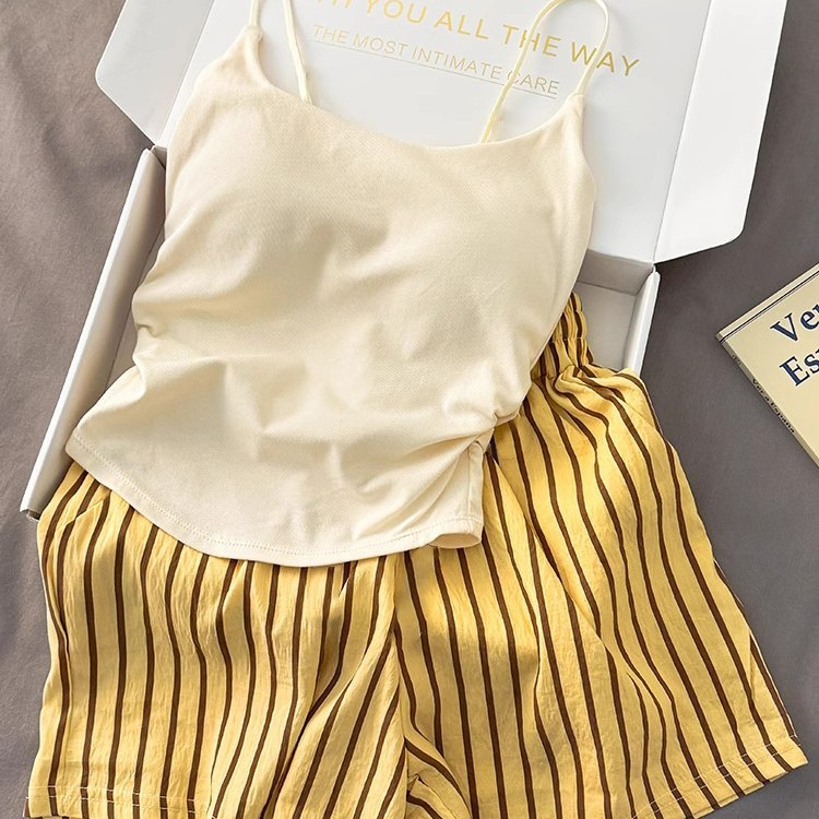 胸パッド付きオールインワンキャミソールレディース夏ピュアセクシーキャミソールストライプショーツパジャマホームウェア2点セット