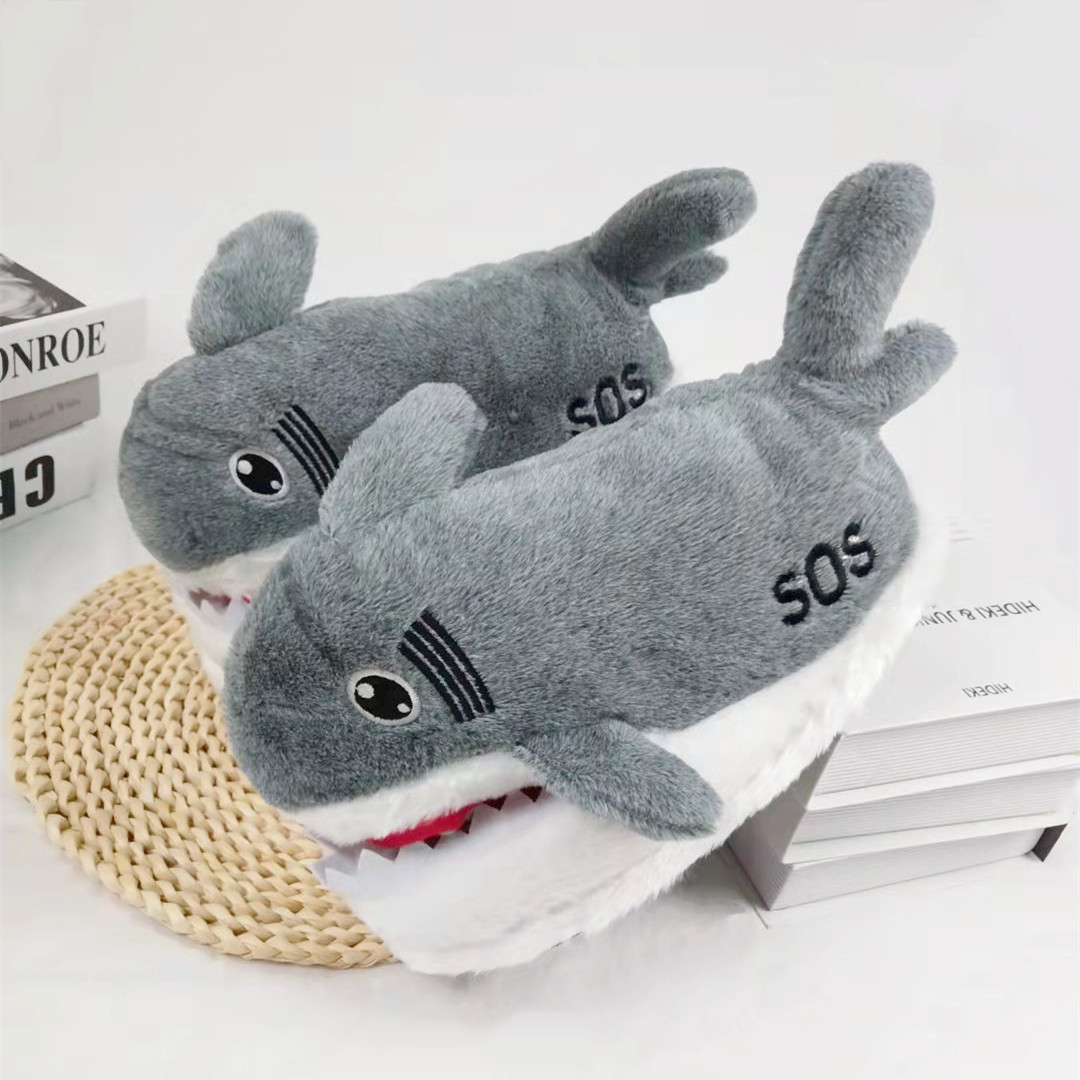 Pantofole di peluche con testa di squalo, suola spessa, 3D, per interni, calde, casa, cartone animato, scarpe di cotone_voghion.com