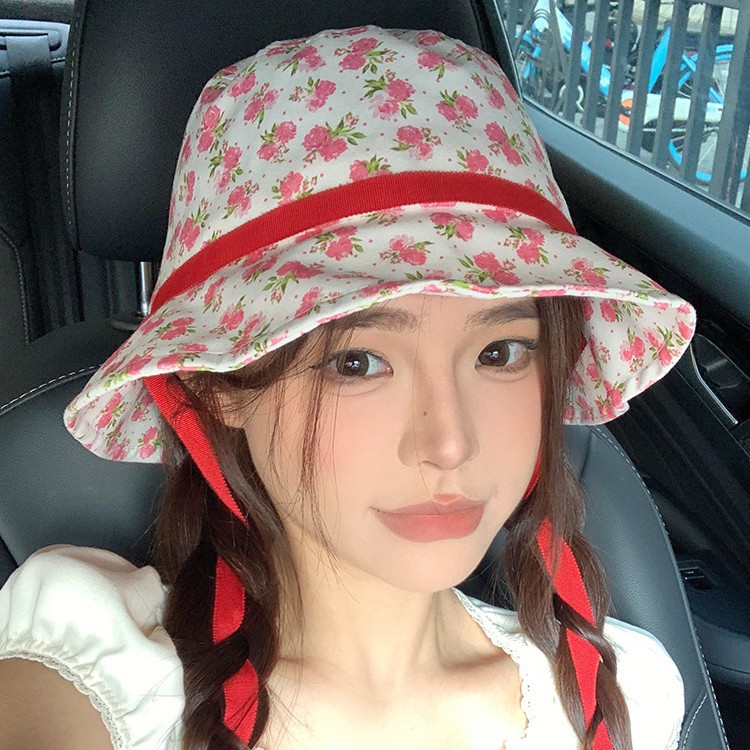 度假风小花渔夫帽女夏季出游拍照显脸小盆帽甜美可爱防晒遮阳帽子