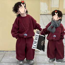 亚马逊男童帅气卫衣两件套 红色新年喜庆拜年服直播爆款一件代发