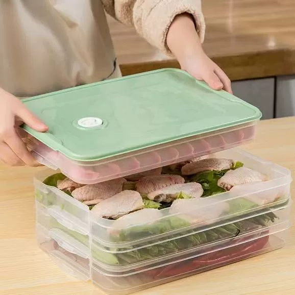 Dumpling storage box, multi‑layer freezer container, food‑grade PP, stackable 35×25×5 cm