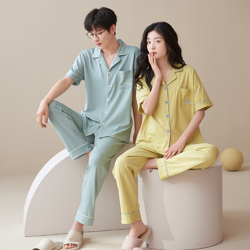 Pijamas pareja desgaste un hombre y una mujer verano puro algodón simple moda de alta calidad delgada pantalones de manga corta ropa de casa verano