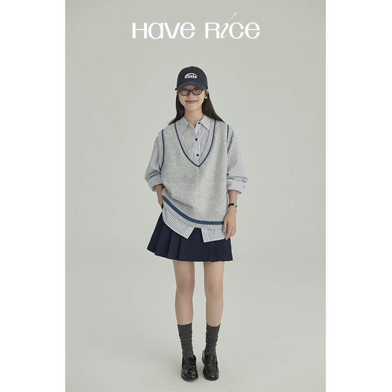 HAVERICE饭馆 衬衫CP！学院女孩 复古百搭V领撞边针织背心马甲女|undefined