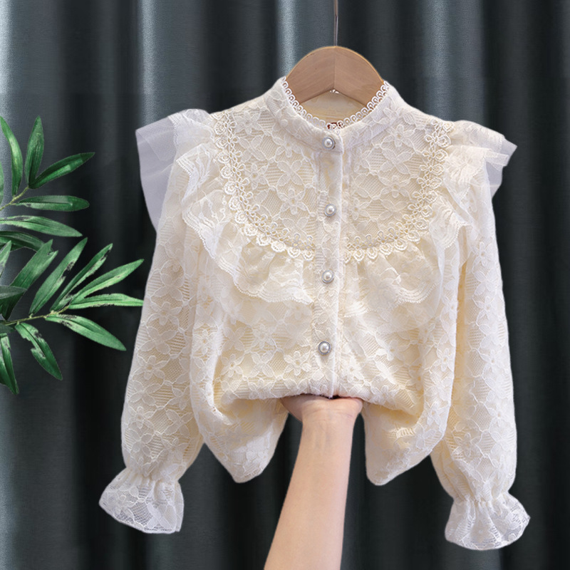 儿童春秋打底衫衬衫杏色童装衬衣长袖百搭新款蕾丝小香风女生境外