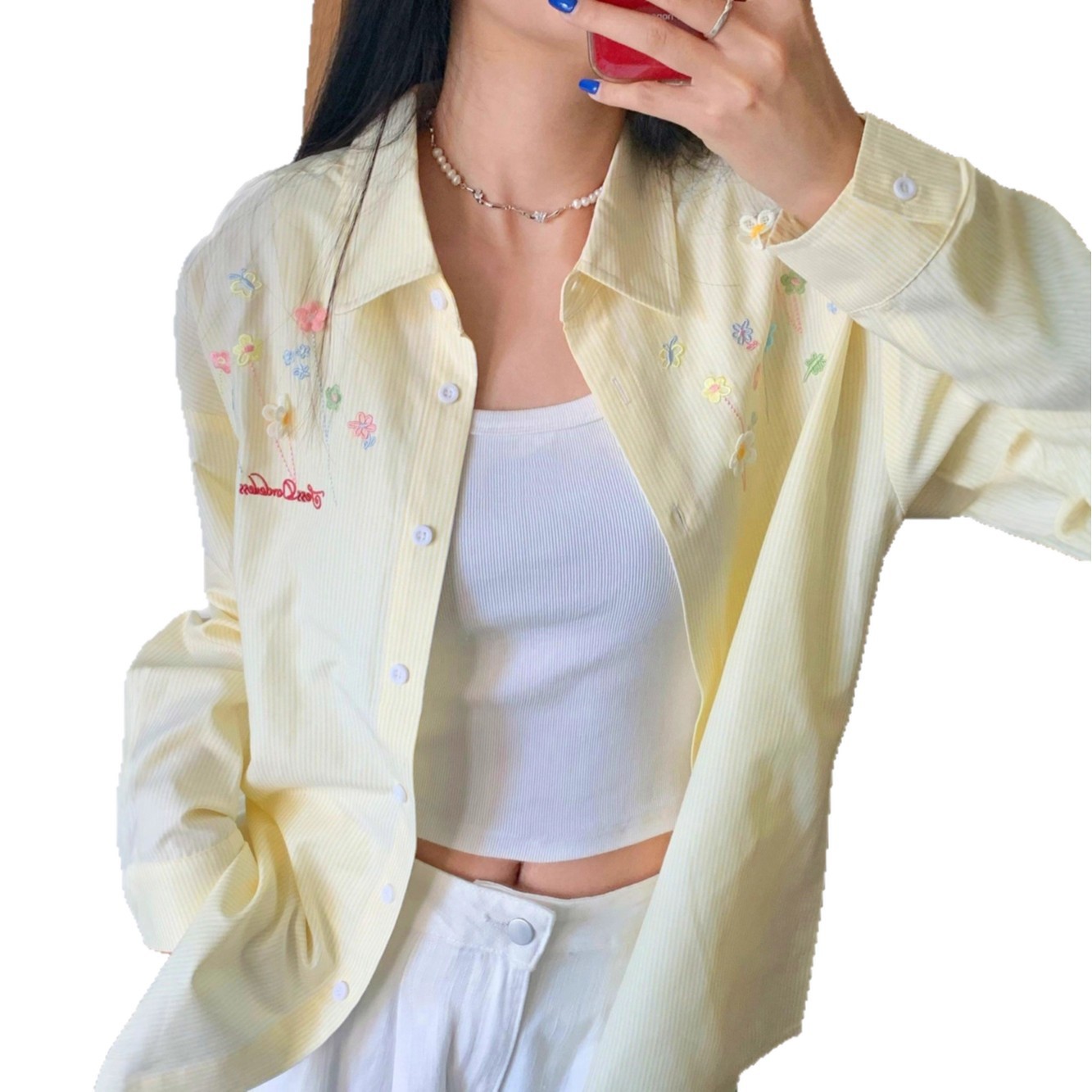 Giacca-camicia da donna a righe ricamate, ampia, casual, cardigan, top da indossare a strati per l'inizio dell'autunno e la primavera, capospalla con protezione solare_voghion.com