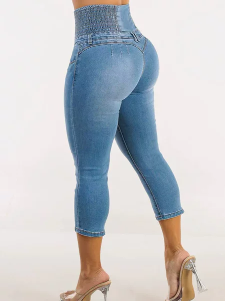Amazon Ultra-High-Waisted Denim Capri Pants for Women, Waist-Cinching, Multi-Button, Stretchy, Slim-Fit, Summer Skinny Mid-Length Pants