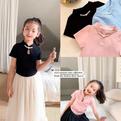女童上衣中式新款兒童純色立領盤扣夏季國風氣質短袖0190A009