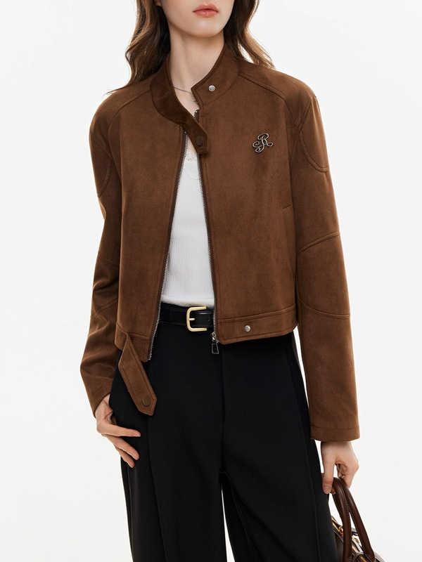 金属标复古麂皮绒外套女春秋新款短款飞行服夹克上衣服|undefined