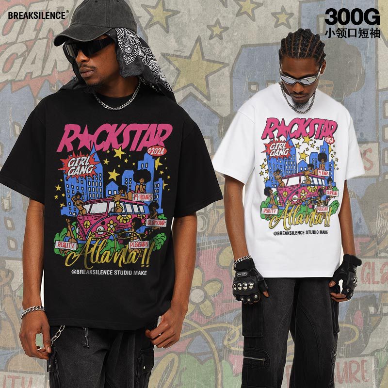 2025 cross-border new girl gang American street long staple cotton breathable round neck T-shirt short sleeve men's basic backing