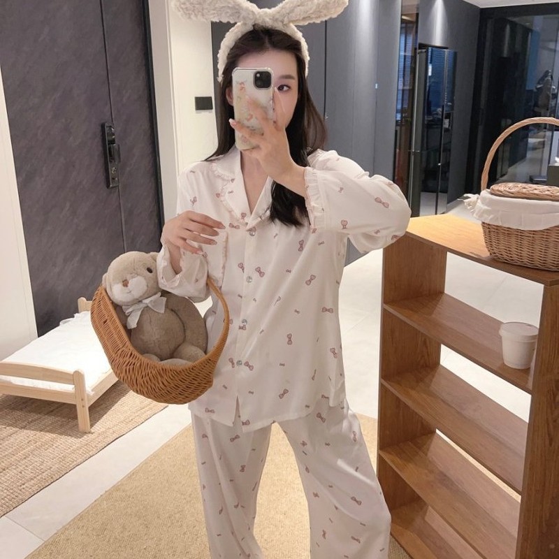 法式睡衣女春秋季学院风冰丝蝴蝶结长袖丝绸套装学生家居服可外穿|undefined