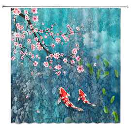 樱花浴帘锦鲤鱼日式池塘粉色花朵亚洲水彩鲤鱼自然浴帘套装带挂钩