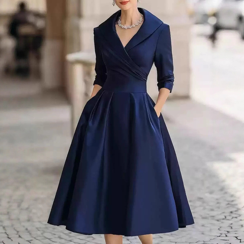 European and American Amazon Cross-Border Foreign Trade 2026 Spring New Style Long-Sleeve Turn-Down Collar Elegant High-Waist Flared Solid Color Dress