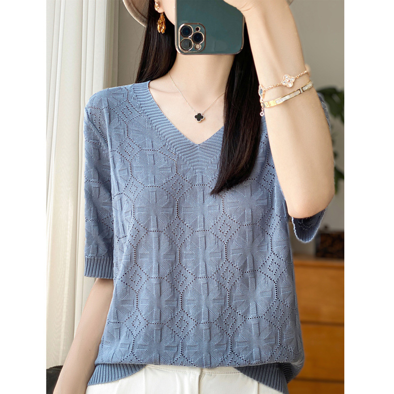 Lyocell Tencel V Neck Short-Sleeved Women's Knitwear Top T-Shirt Stereo Crochet Bottoming Half-Sleeved Loose Vest Summer Thin