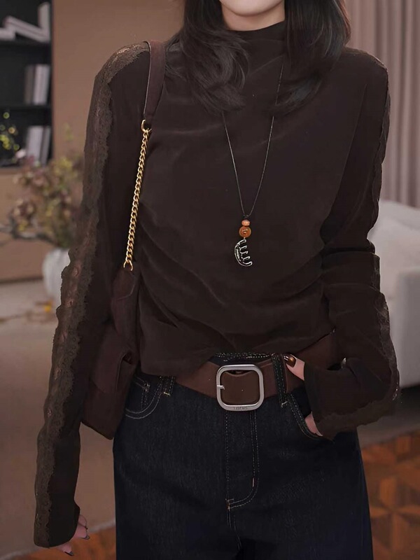 Real shot of vintage castle-style tassel half-high collar lace spliced velvet long-sleeve T-shirt for women in autumn and winter, in coffee and black colors