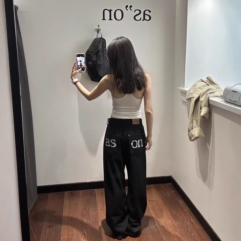 Korean Niche Brand 26 New Model Aso* Pocket Letter Embroidery Jeans Loose Straight Slimming High-Waisted Long Pants for Women Korean Niche Brand 26 New Model Aso* Pocket Letter Embroidery Jeans Loose Straight Slimming High-Waisted Long Pants for Women