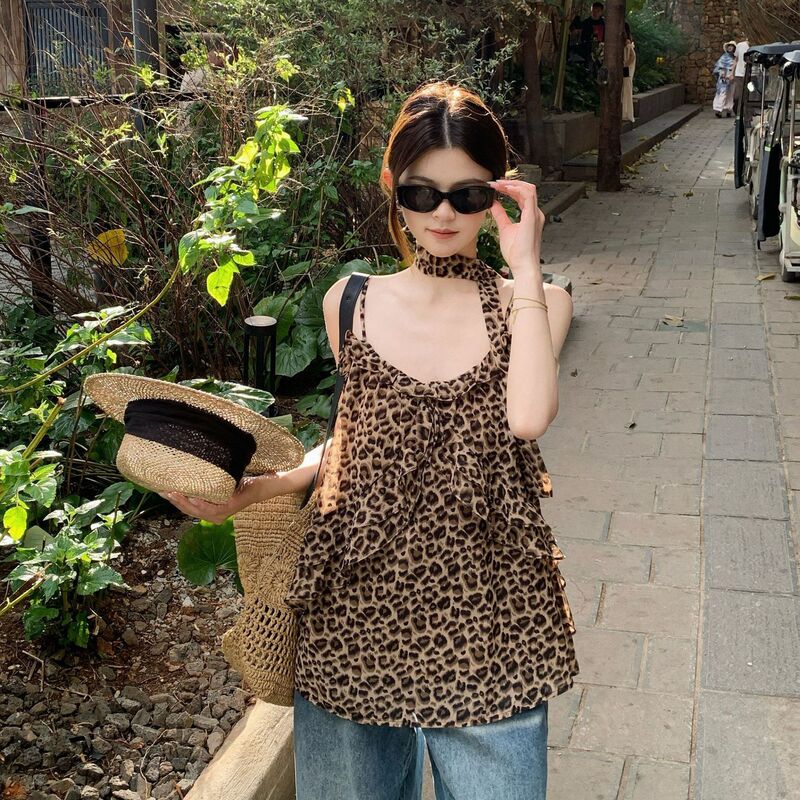 Hot Girl Style American Retro Leopard Print Ribbon Halter Neck Tank Top for Women, Summer Slim-Fit Outerwear, Pure Desire Sleeveless Top