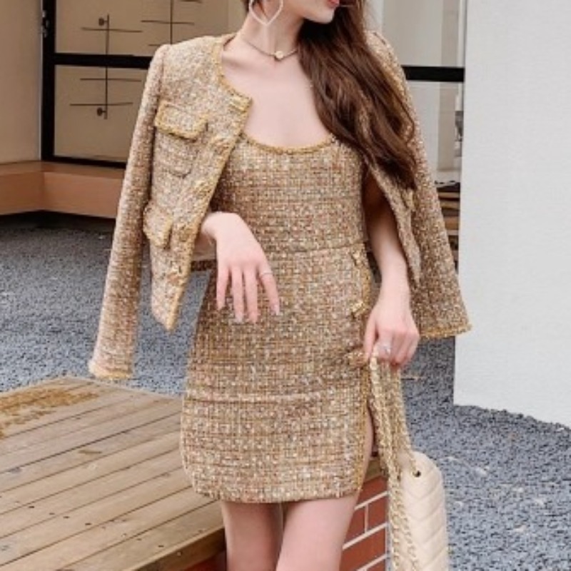 Rich Daughter's High-End Golden French Style Long-Sleeved Jacket Women's Tweed Jacket