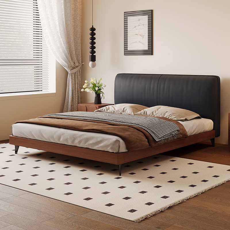 Genuine Leather Retro Tofu Block Light Luxury Minimalist Mid-Century Style Master Bedroom Large Bed Modern Double Simple Italian Solid Wood Bed
