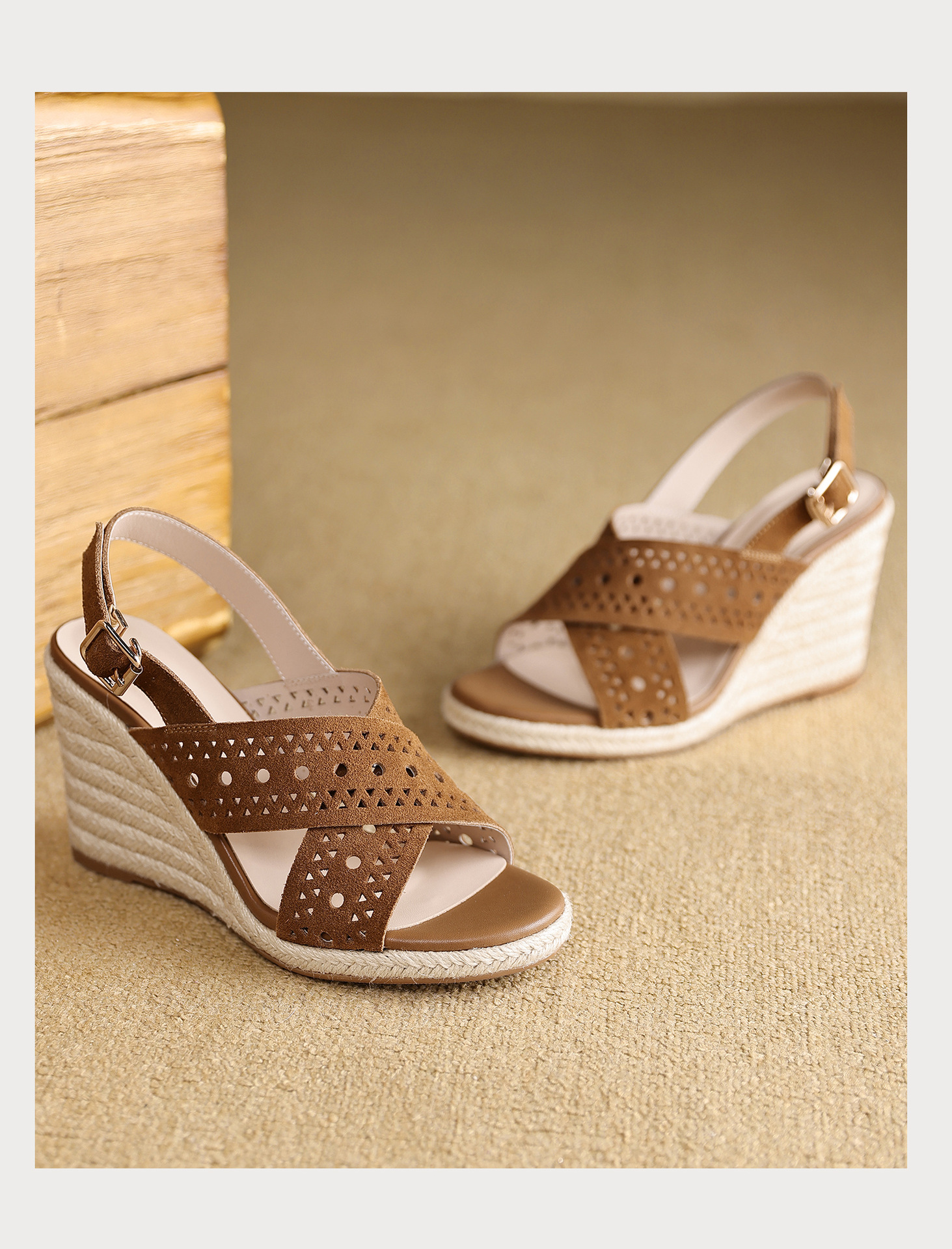 Sandal cao gót nữ quai chéo hở mũi đế xuồng bện rơm gót 8 cm — màu nâu, màu đen chi tiết 20