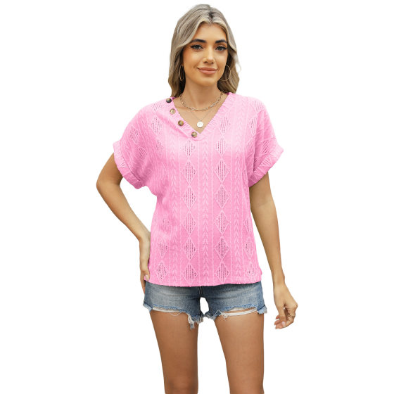 European and American Cross-border Women's 2025 Amazon Spring and Summer New V-neck Jacquard Button Short-sleeved T-shirt Loose Hollow Top