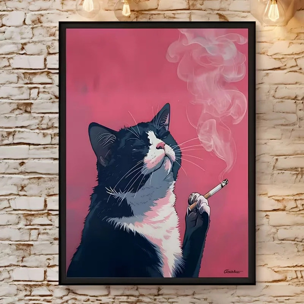 Smoking Cat Canvas Print Poster-Black Cat Theme Wall Art Decoration