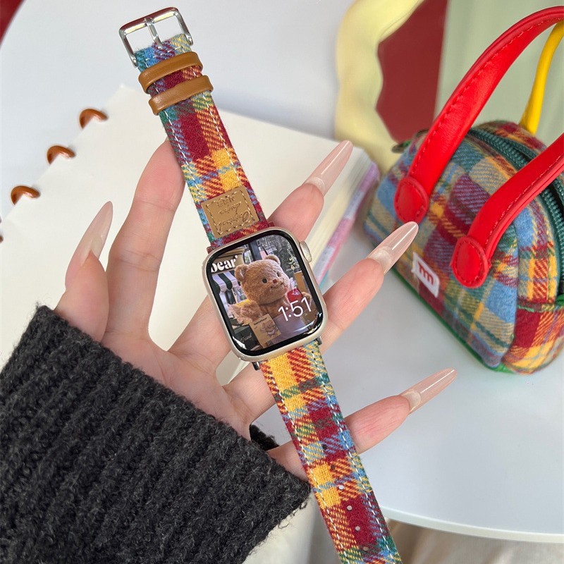For Apple Watch 10 iwatch9 Strap Autumn and Winter Comfortable Plaid Leather applewatch87654 Cute Women