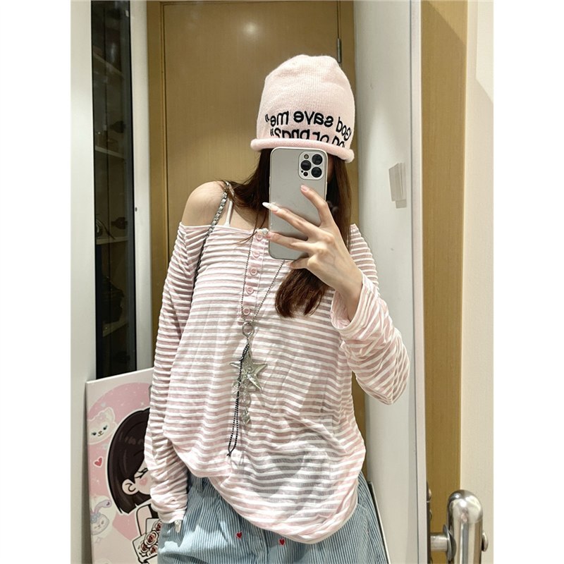 原版面料黑白条纹长袖t恤女夏薄款防晒薄纱罩衫上衣斜肩露肩辣妹|undefined