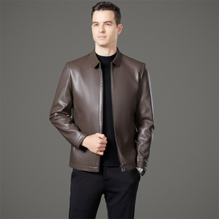2025 Haining Leather Men's Middle-aged Sheepskin Casual Business Jacket Dad Lapel Autumn and Winter Leather Jacket