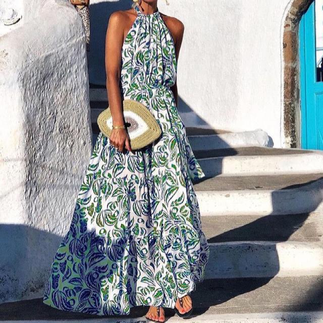 fashion floral halter off-shoulder hanging neck bohemian long dress NSYF53241