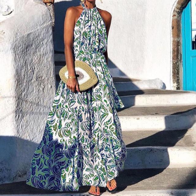 Vestido largo bohemio con cuello colgante y hombros descubiertos con cuello halter floral NSYF53241