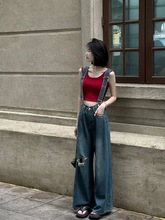 夏季小众复古做旧宽松个性破洞设计牛仔背带裤女新款阔腿长裤