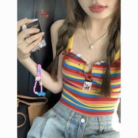 官图吊带背心夏日多巴胺女孩穿搭彩虹条纹辣妹露背上亚马逊代发