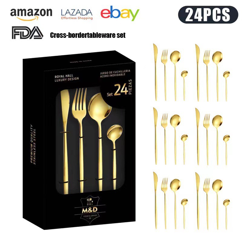 Juego de cuchillo y tenedor de comida occidental portuguesa de acero inoxidable de Amazon transfronterizo Juego de 24 piezas de bistec, cuchillo, tenedor, cuchara, cuchara, juego de cuchara de postre