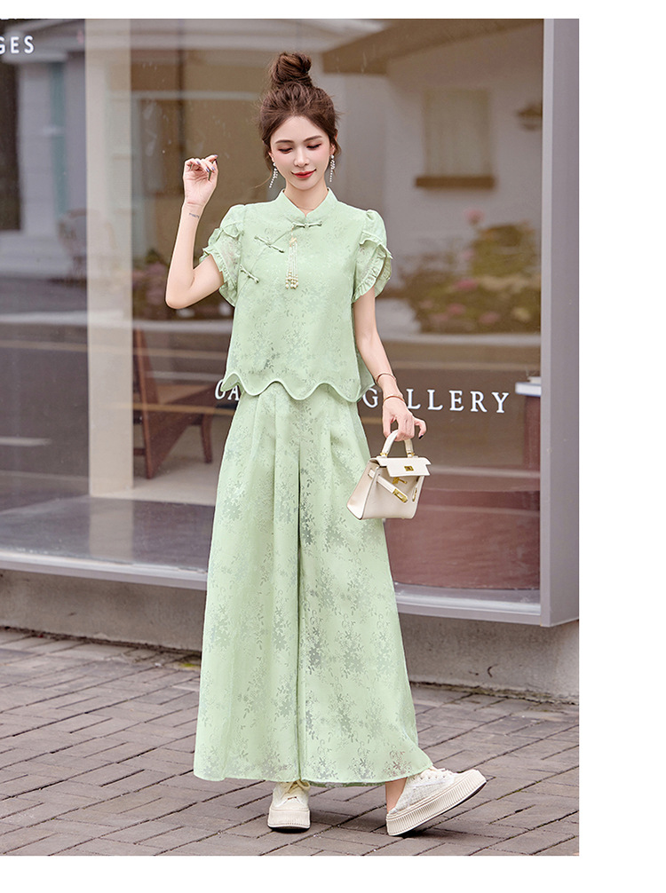 Bộ váy hai mảnh tay ngắn phong cách Trung Hoa cổ điển họa tiết jacquard mùa hè 2025 — Màu vàng be, Màu xanh lá chi tiết 11