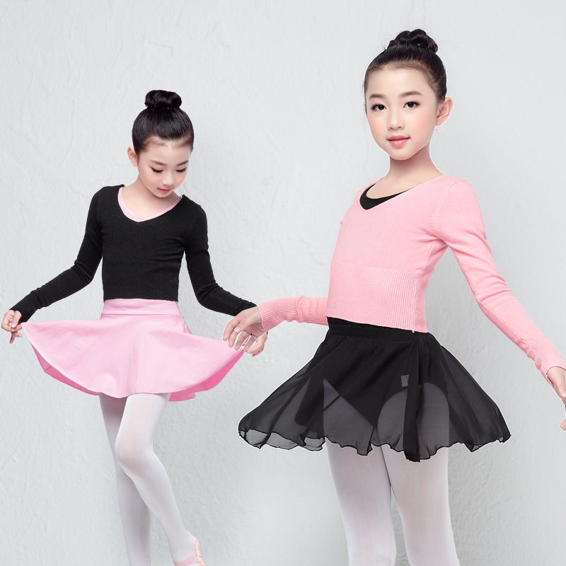 Suéter de baile para niños de manga larga de otoño e invierno engrosada práctica de baile ropa de cintura alta con cuello en V Rosa capa exterior pullover