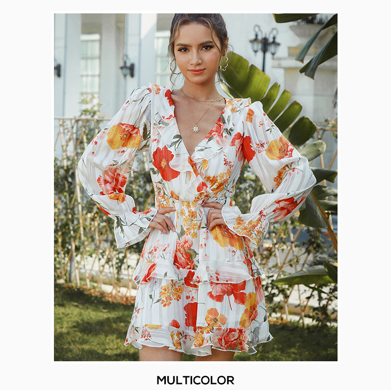 deep V-neck chiffon long-sleeved floral print dress nihaostyles wholesale clothing NSGHW83840