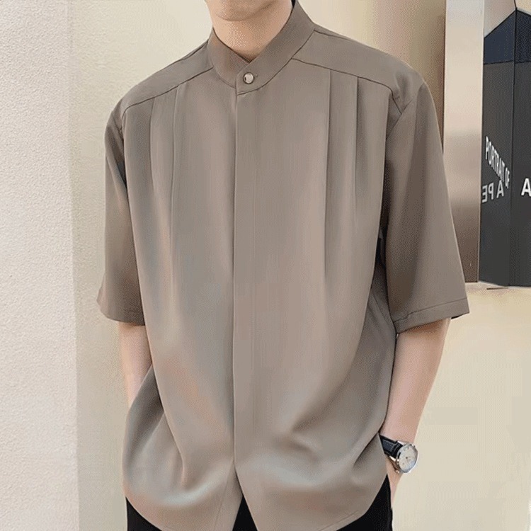 Brown short-sleeved shirt men's summer draping stand collar ice silk shirt top 3/4 sleeve light mature men's half sleeve