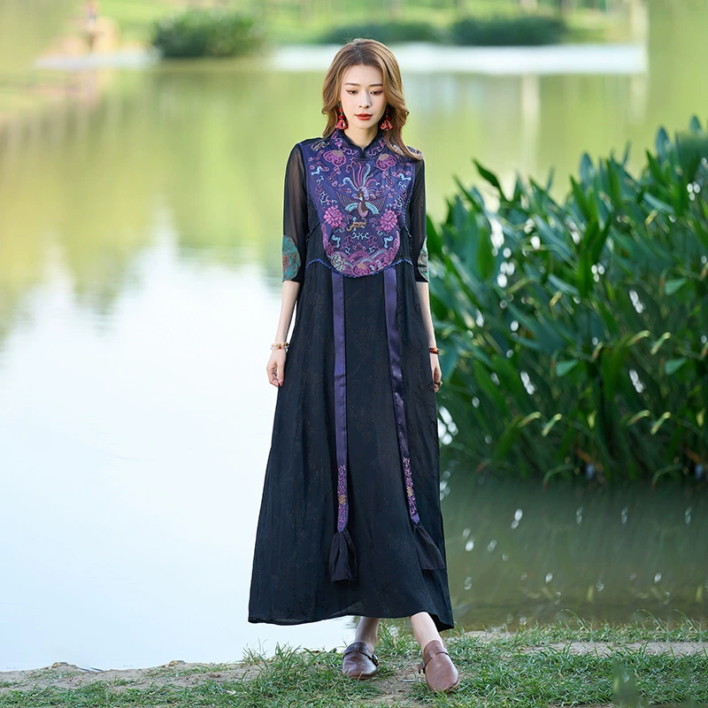 Весна и лето новый Этнический стиль ретро сверхмощный вышитые Tencel длинный без рукавов жилет платье Китайский стенд воротник платье
