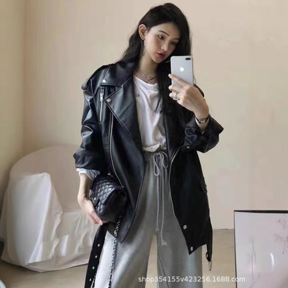 ミディアムコート女性春秋モデル韓国版機関車bf風皮衣香港風puコートoversizeジャケット