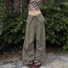 网红美式复古辣妹翻边排扣工装爵士跳舞伞兵休闲裤潮军绿色