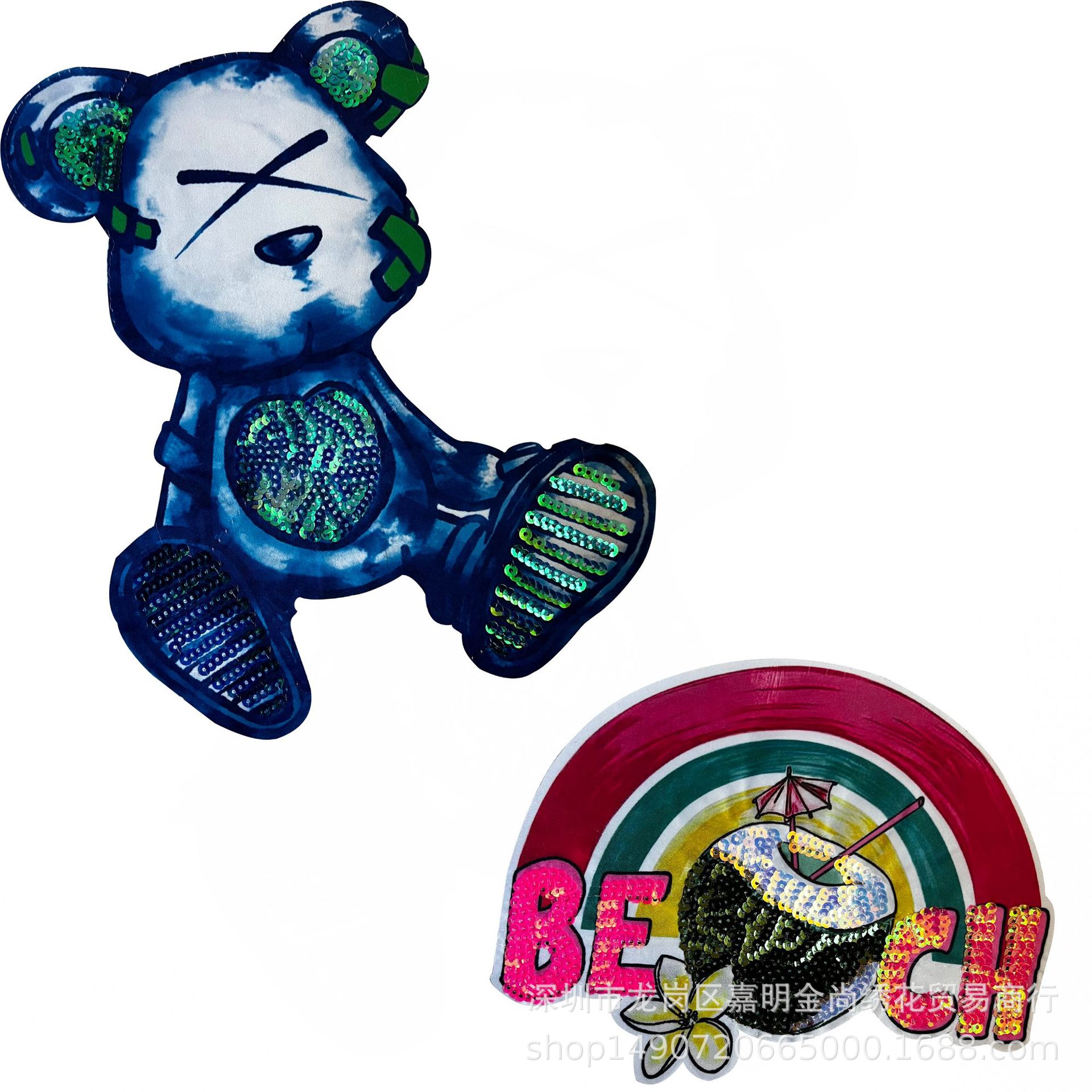 数码印花珠亮片暴力卡通动物熊英文花朵彩虹椰子手缝吊片抖补丁音